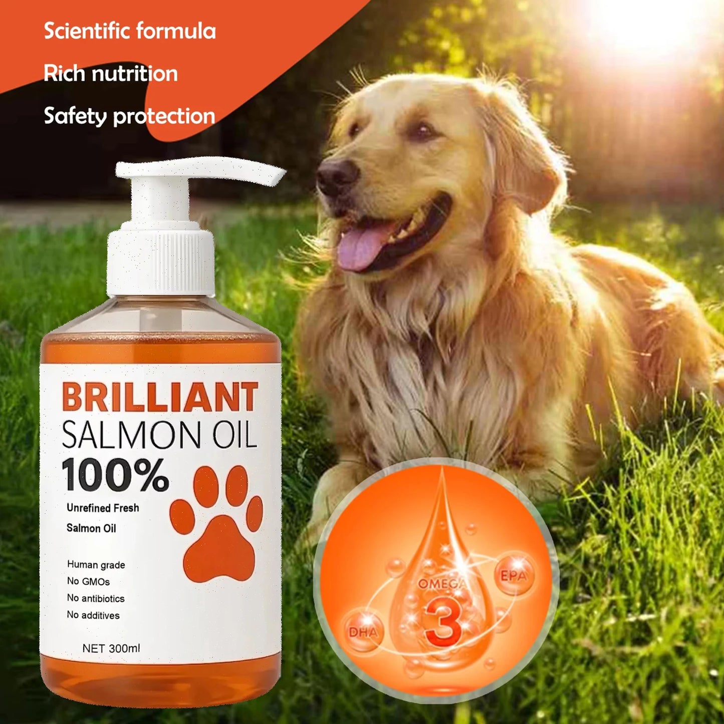 300ml/10.15 fl oz, 100ml/3.38 fl oz Human Grade Salmon Oil for Dogs&Cats – Omega Fatty Acids Supplement for Optimal Health & Nut