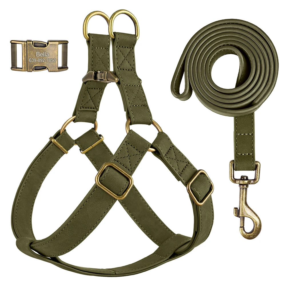 Custom PU Leather Harness And Leash Engraved Dog ID Buckle Harnesses Vest Pet Leading Rope Durable For Small Medium Dogs Bulldog