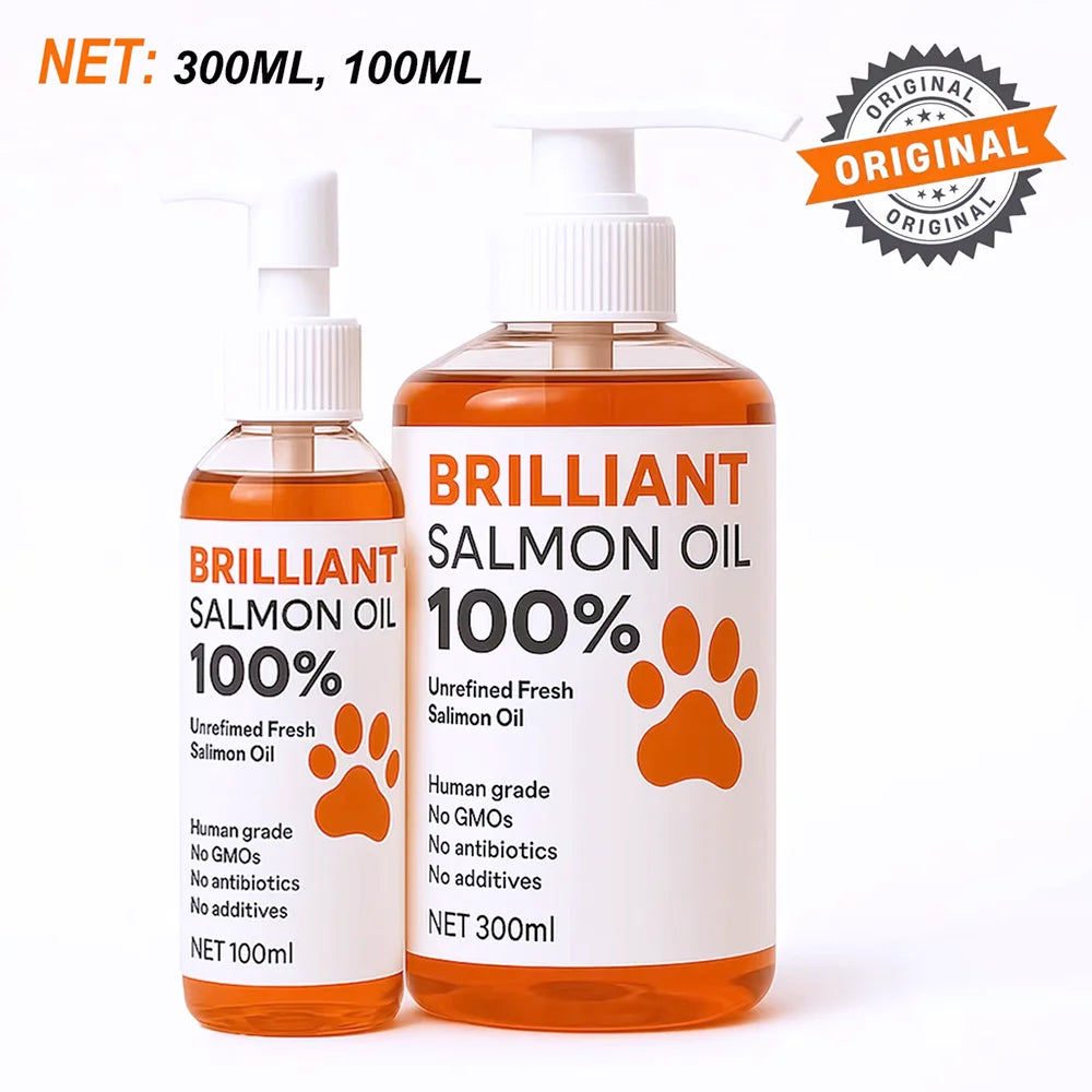 300ml/10.15 fl oz, 100ml/3.38 fl oz Human Grade Salmon Oil for Dogs&Cats – Omega Fatty Acids Supplement for Optimal Health & Nut