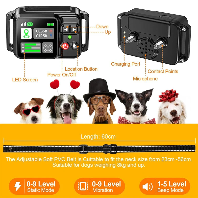 GPS Dog Wireless Fence Coverage Range 49-6561 Feet IP67 Waterproof Adjustable Training Modes GPS Positioning Outdoor Use Only